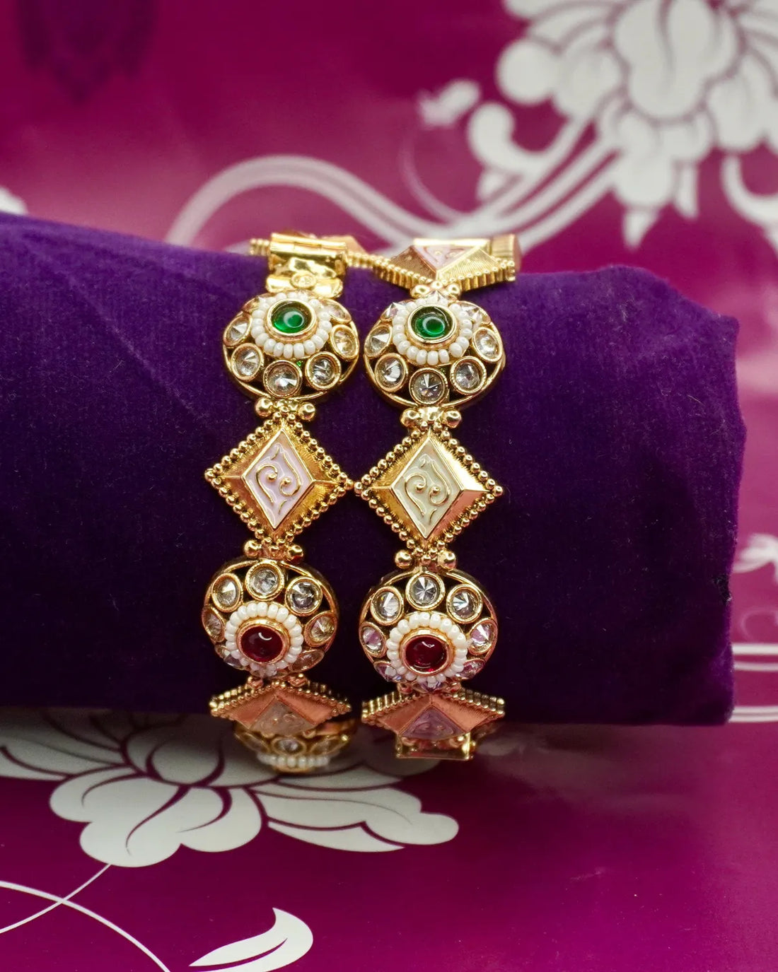 Gold-Plated Multicolour Kundan & Enamel Geometric Bangle Set