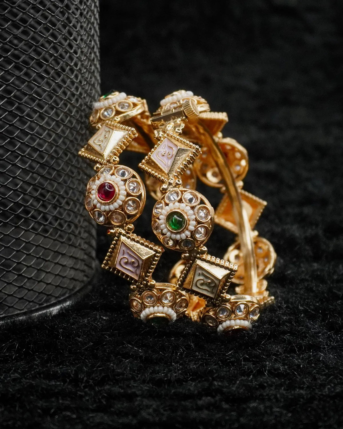 Gold-Plated Multicolour Kundan & Enamel Geometric Bangle Set