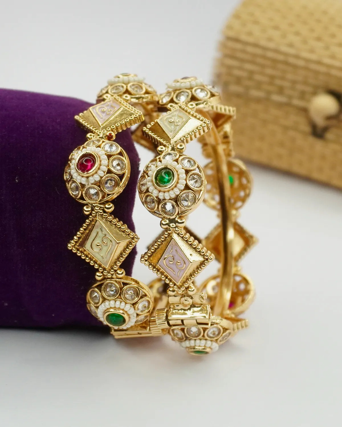 Gold-Plated Multicolour Kundan & Enamel Geometric Bangle Set