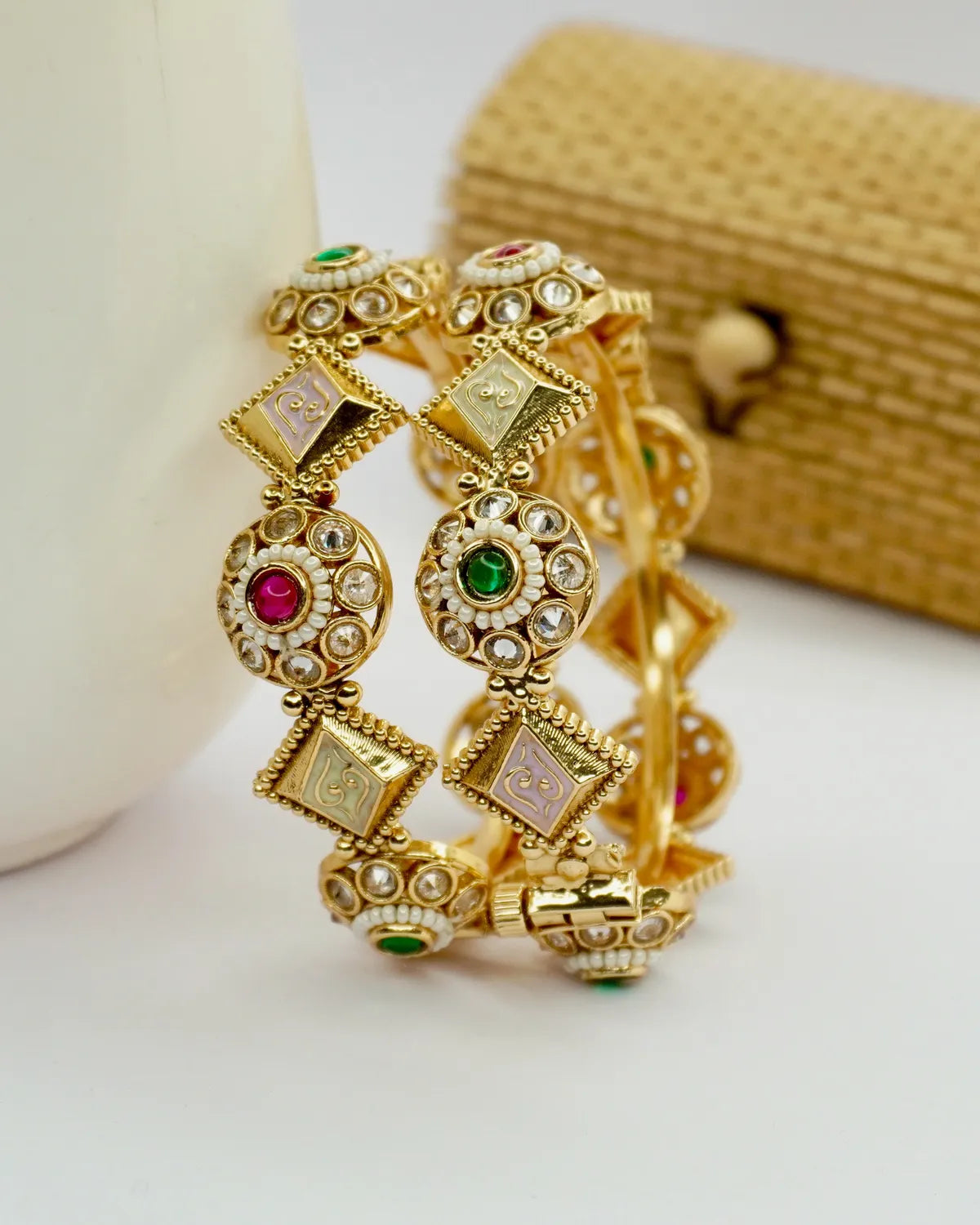 Gold-Plated Multicolour Kundan & Enamel Geometric Bangle Set