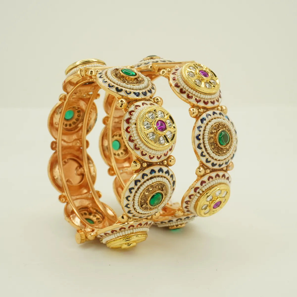 Antique Gold Plated Heavy Round Motif Meenakari Bridal Bangle Set for Women
