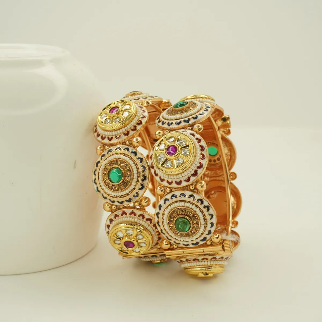 Antique Gold Plated Heavy Round Motif Meenakari Bridal Bangle Set for Women