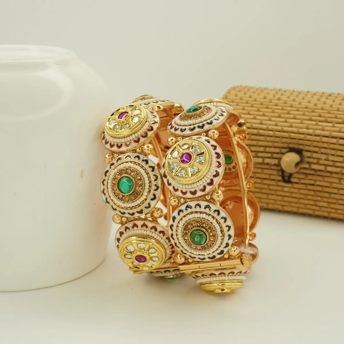 Antique Gold Plated Heavy Round Motif Meenakari Bridal Bangle Set for Women