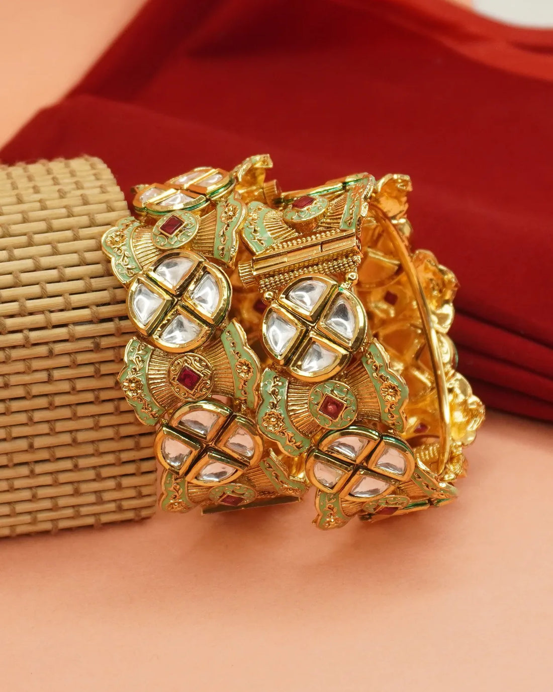 Gold-Plated Mint Green Enamel Kundan Traditional Bangle Set