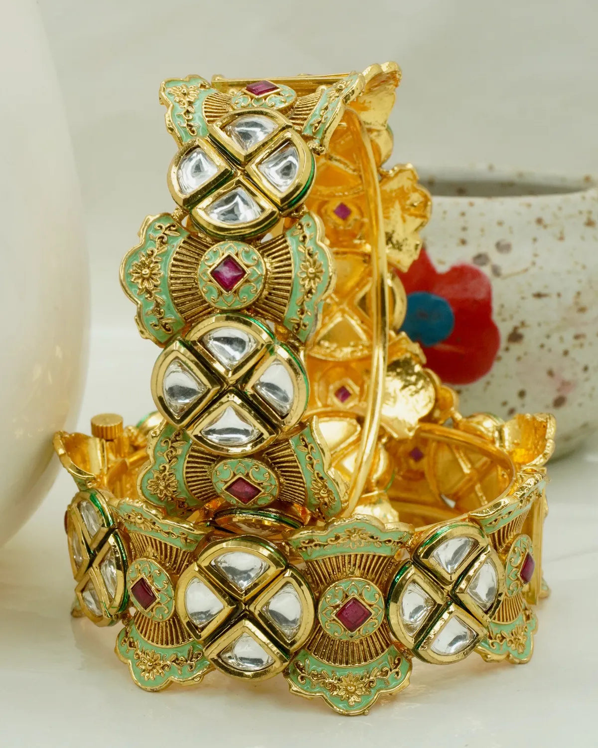 Gold-Plated Mint Green Enamel Kundan Traditional Bangle Set