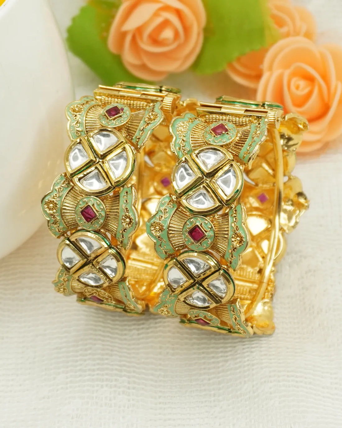 Gold-Plated Mint Green Enamel Kundan Traditional Bangle Set