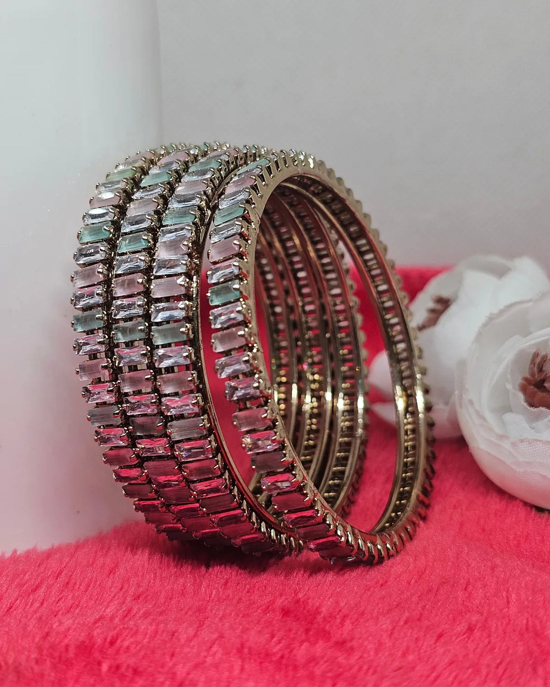 Pastel Multicolour Stone-Studded Gold-Tone Bangle Set
